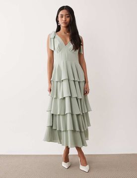 Florie - Robe longueur mollet à volants et épaules nouées - Vert sauge 42