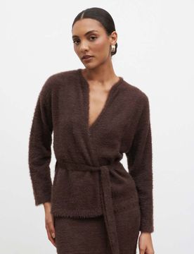 Flauschige Strickjacke in Schokobraun mit Taillenschnürung-Brown Brown XS