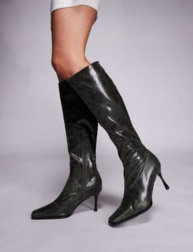Scorpion - Kniehohe Stiefel in abgenutztem Retro-Grau mit eckiger Zehenpartie und Absatz Grau 41