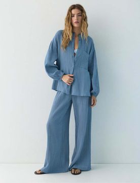 Chiffon-Hemdbluse in bläulichem Farbton mit Stehkragen-Blau Blau M-L