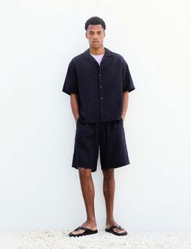 Bermudashorts aus strukturiertem Leinenmix in Marineblau-Navy Navy S
