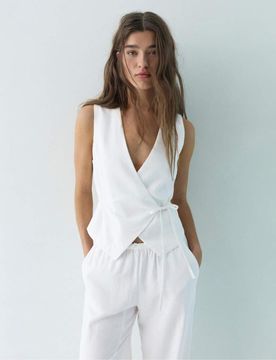 Pull & Bear - Débardeur en lin mélangé avec liens sur les côtés - Blanc XS