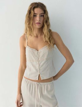 Kurzes Camisole-Oberteil in Sand mit Spitzenbesatz-Neutral Neutral M