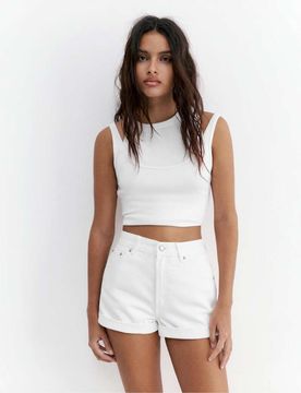 Mom-Jeansshorts in Weiß mit umgeschlagenem Saum Weiß 32