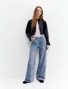 Superweite Jeans in Mittelblau mit Blumenmuster Blau 10