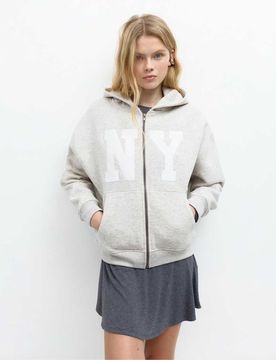 Pull & Bear - Sweat à capuche zippé à motif graphique - Gris chiné XS