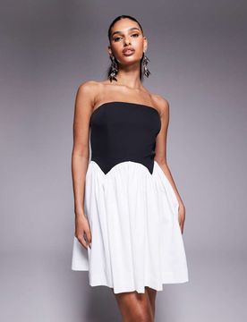 London - Trägerloses Minikleid in kontrastierendem Schwarz-Weiß mit Korsettdetail mit Muschelkante-Bunt Bunt 32