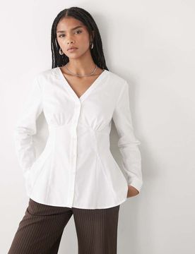 Chemise cintrée avec ourlet à basque et surpiqûres - Blanc S