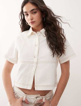 Cropped-Jeanshemd im Western-Stil in Ecru, Kombiteil-Weiß Weiß XS