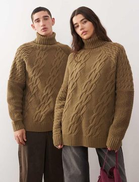 Gestrickter Unisex-Rollkragenpullover in Khaki mit Zopfmuster-Mix-Neutral Neutral S