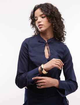 Elegante Bluse in Marineblau mit Schlüssellochausschnitt, Kombiteil-Bunt Bunt S