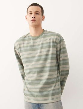 Langärmliges T-Shirt in Neutral und Khaki gestreift mit kurzer, kastiger Passform-Grün Grün XL