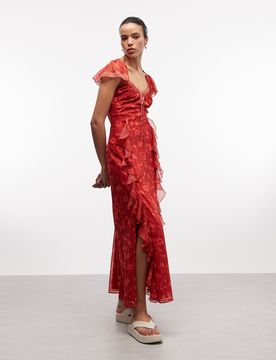 Maxikleid in Rot mit Blumenmuster, Godet-Rüschen und Schlitzen Rot 44