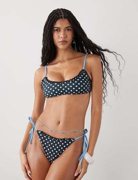 Seitlich gebundene Bikinihose mit Polka-Dots in Braun und Cremeweiß und Rüschen-Bunt Bunt 40