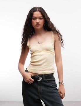 Pointelle-Tanktop in Gelb mit schmalen Trägern und Samtbesatz Gelb XS