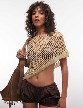 Poncho en maille au crochet métallisée - Chocolat-Marron M