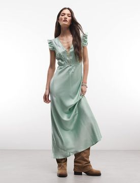 Robe longue avec empiècements en dentelle et nervures - Vert sauge 38