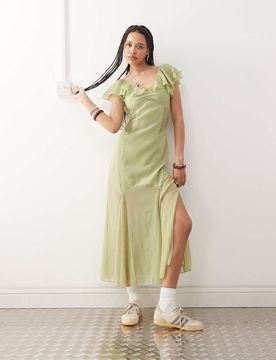 Robe mi-longue avec empiècements en dentelle et manches évasées - Vert pastel-Multicolore 44