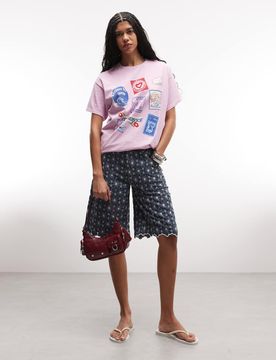 T-shirt oversize à imprimé timbres - Rose XS