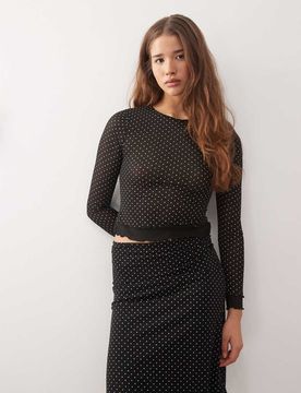 Top manches longues avec bordure contrastée et pois-Noir XS