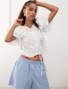 Top style western noué sur l'avant à manches bouffantes - Blanc XS