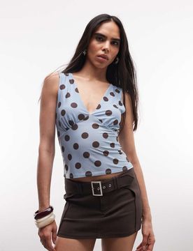 Tanktop in Blau mit V-Ausschnitt und Polka-Dot-Muster Blau L