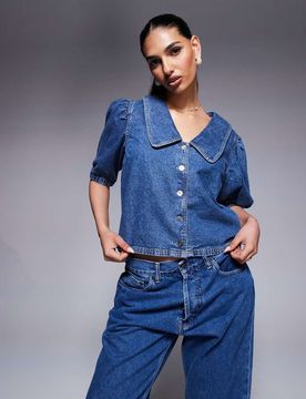 Denim-Oberteil in mittelblauer Waschung mit Puffärmeln Blau 38