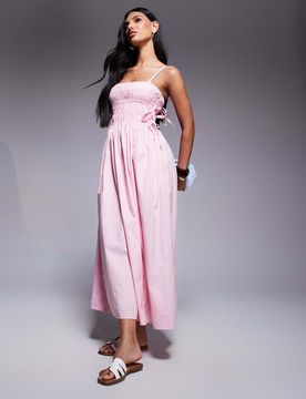 Gesmoktes Midikleid in Rosa mit Riemchenträgern Rosa 42
