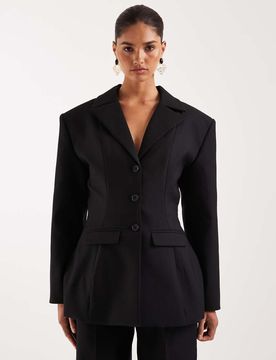 Wander Doll - Farron - Taillierter, strukturierter Longline-Blazer in Taupe, Kombiteil-Schwarz Schwarz XS
