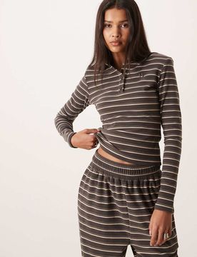 Frankie - Polo d'ensemble de qualité supérieure en jersey rayé épais à manches longues et col - Gris-Multicolore S