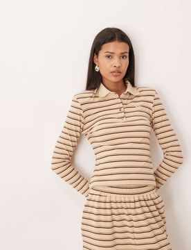 Frankie - Polo d'ensemble de qualité supérieure en jersey rayé épais à manches longues et logo - Crème-Multicolore XS