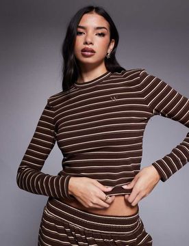 Frankie - Top d'ensemble ras de cou à manches longues et rayures en jersey épais de qualité supérieure - Marron-Multicolore M