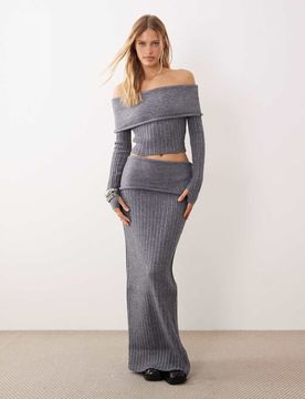 Mollie - Jupe d'ensemble longue à taille rabattue en maille côtelée texturée - Anthracite-Gris XL