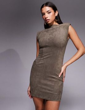 Robe courte moulante d'ensemble à épaulettes en imitation daim - Taupe-Neutre M