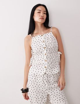 Durchgeknöpftes Camisole-Top in Weiß mit Punktemuster und Bindedetail, Kombiteil Weiß L