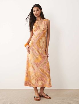 Robe longueur mollet à imprimé cachemire abstrait et col V - Orange XL