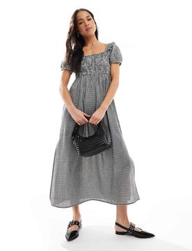 Robe longueur mollet à manches bouffantes et carreaux vichy - Noir M