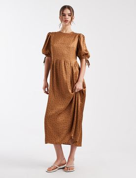 Robe longueur mollet à pois avec épaules nouées - Doré-Neutre XS
