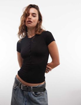Henley-T-Shirt in Schwarz Schwarz M