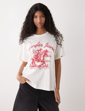 Girlfriend-T-Shirt in Wollweiß mit rotem Print Rot S