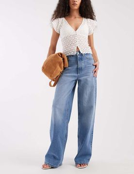 Claire - Jean large à taille haute - Bleu clair délavé W33 L32