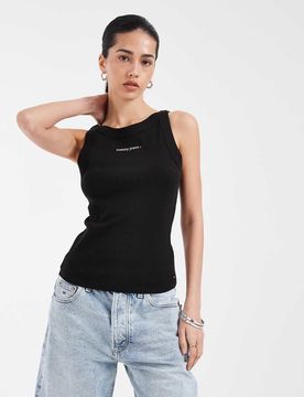 Essential - Geripptes Slim-Fit-Trägertop in Schwarz mit Logo Schwarz S