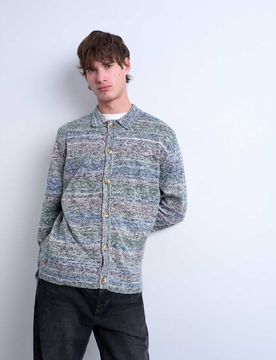 Regular-Fit-Strickhemd in bunter Space-Dye-Optik mit Polokragen-Grün Grün XL
