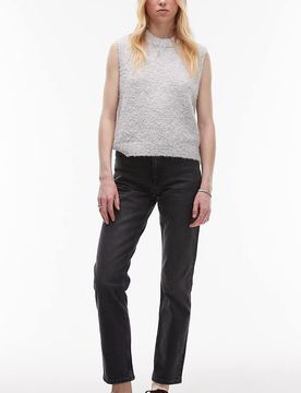 Jean droit raccourci à taille mi-haute - Noir délavé W26 L36