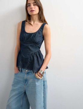 Top en jean à basque avec buste froncé - Bleu moyen 46