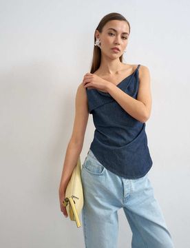 Top froncé en denim avec encolure drapée - Indigo délavé-Bleu 42
