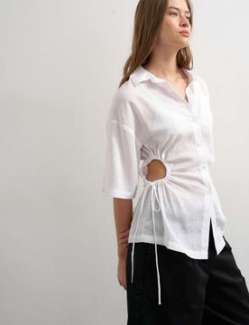 Chemise ajustée à manches courtes et taille froncée - Blanc 36