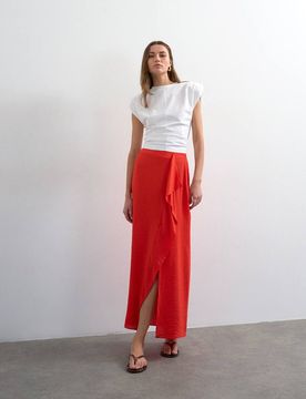 Jupe portefeuille mi-longue façon paréo - Rouge 38