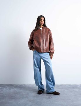 Kragenlose Oversize-Bomberjacke aus Kunstleder mit Vintage-Waschung in Hellbraun-Brown Brown S