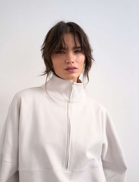 Langärmliges Sweatshirt aus Interlock-Stoff in Steingrau mit Trichterkragen und Reißverschluss, Kombiteil-Neutral Neutral L